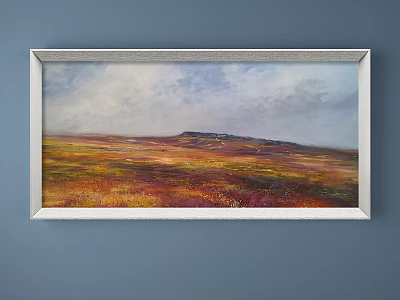Vibrant Landscape Painting With Silver Frame Vast Field And Distant Hill Cloudy Sky 3d model