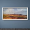 Vibrant Landscape Painting With Silver Frame Vast Field And Distant Hill Cloudy Sky