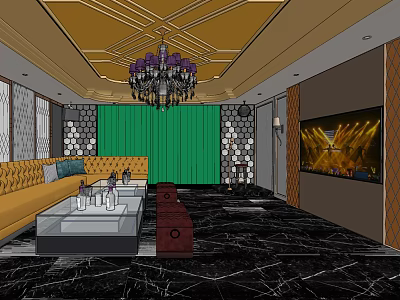 KTV Interior Design Featuring Yellow Sofa Green Curtain Chandelier Marble Floor And TV Screen 3d model