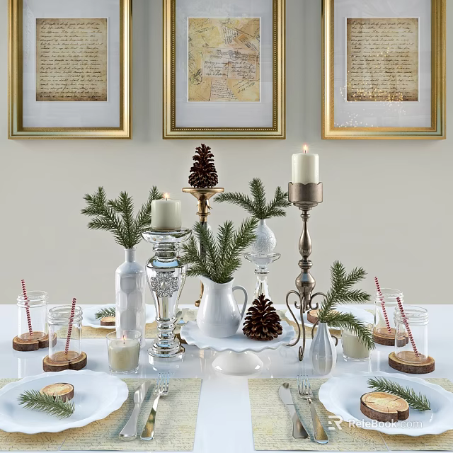 Elegant Dinnerware Set For Festive Table With Candles Pinecones And Greenery 3d model 