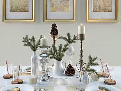 Elegant Dinnerware Set For Festive Table With Candles Pinecones And Greenery 3d model