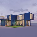 Modern Blue Container Building With Large Glass Windows Grass Lawn And Balcony