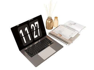 Laptop Workspace Desk Setup With Scented Diffuser Notebook And Paper 3d model
