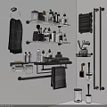 Organized Bathroom Essentials On Black Shelves With Towels Toiletries And Bottles
