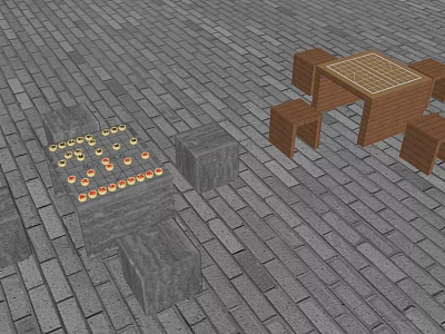 Stone Structure With Round Decorative Elements And Wooden Table With Stools On Paved Ground 3d model