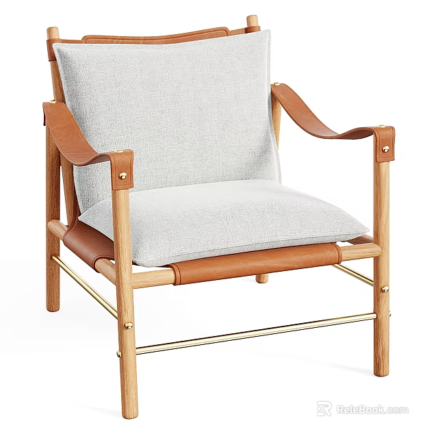 Gray Fabric Lounge Chair With Leather Arm Straps And Light Wooden Frame Design 3d model 