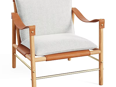 Gray Fabric Lounge Chair With Leather Arm Straps And Light Wooden Frame Design 3d model