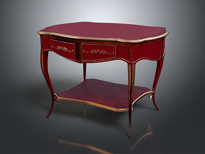 Ornate Red Table With Striped Top Gold Accents Drawers Lower Shelf And Curved Legs 3d model