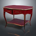 Ornate Red Table With Striped Top Gold Accents Drawers Lower Shelf And Curved Legs