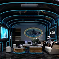 Modern KTV Interior Featuring Blue Neon Lights Curved Design and Comfortable Sofas 3d model