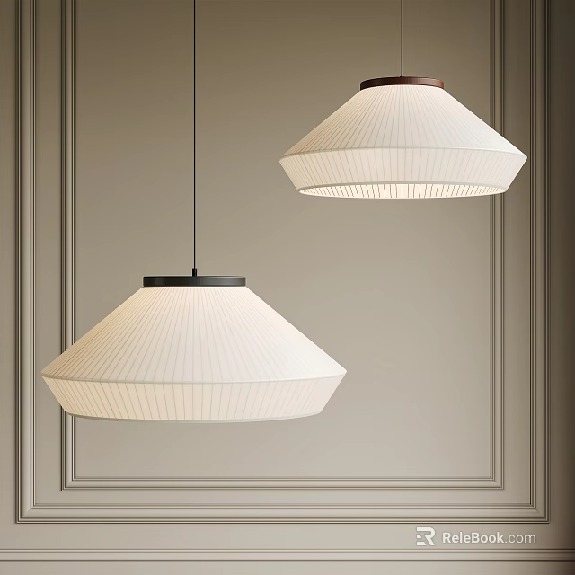 Two White Shade Black Base Chandeliers Hanging Over Light Gray Wall With Decorative Lines 3d model 