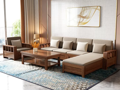 Modern Wooden Sofa And Coffee Table Set With Armchair Cushions Area Rug And Wall Artwork 3d model