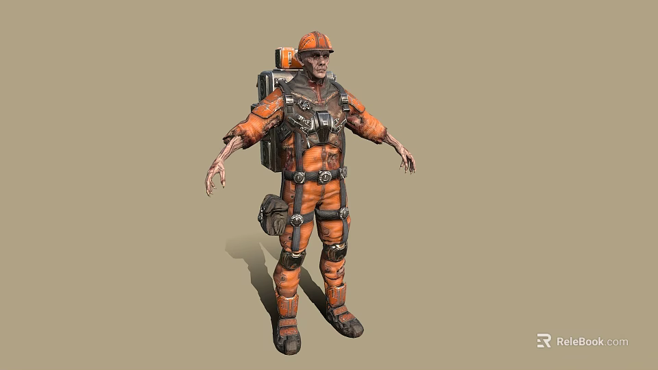 Game Movie Character in Orange Workwear Uniform With Safety Helmet And Backpack 3d model 