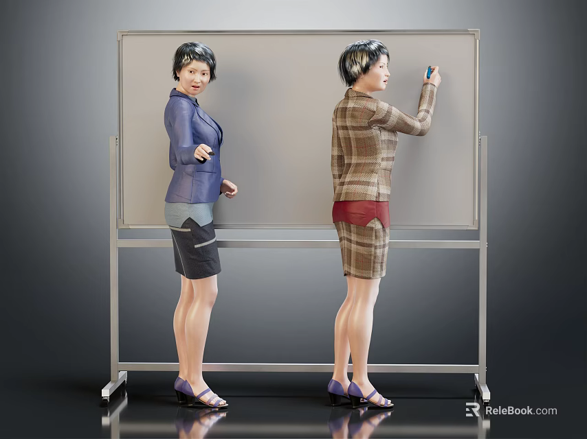 Two Women Presenting And Explaining On Whiteboard In Office Environment 3d model