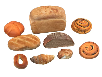 Assorted Bread Varieties Including Loaf Roll Croissant Bagel And Cinnamon Roll 3d model