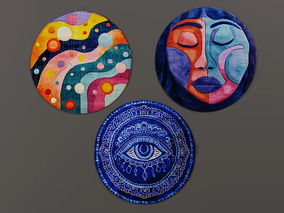 Artistic Round Rugs With Colorful Abstract Facial And Eye Patterns 3d model