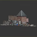 Red Brick Building With Pointed Roof Surrounded By Stacked Wooden Crates Barrels And Debris