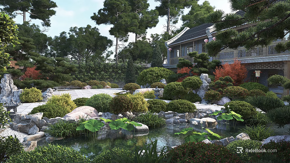 Chinese Park Landscape with Pond Lotus Leaves Stones Green Plants and Traditional Building 3d model 
