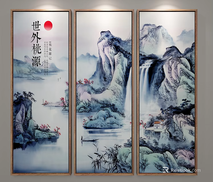 Chinese Landscape Painting Screen with Mountains Waterfall Boat Pavilion and Bamboo 3d model 