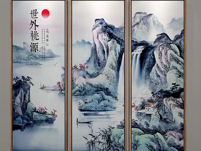 Chinese Landscape Painting Screen with Mountains Waterfall Boat Pavilion and Bamboo 3d model