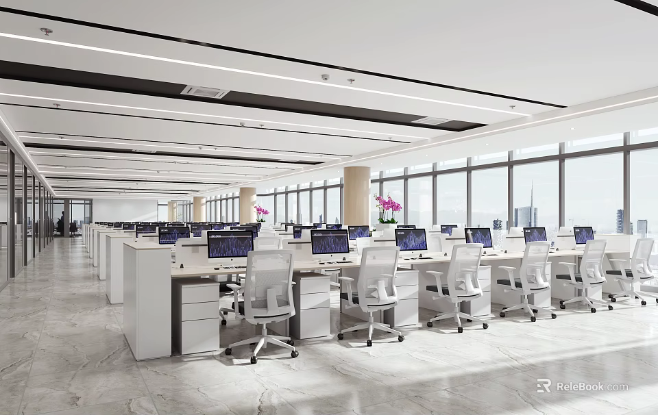 Spacious Modern Public Office Space With Desks Computers And Large Windows 3d model