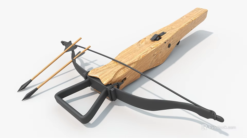 Wooden Crossbow With Black Metal Parts And Two Arrows Design Structure Features 3d model 