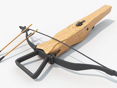 Wooden Crossbow With Black Metal Parts And Two Arrows Design Structure Features 3d model