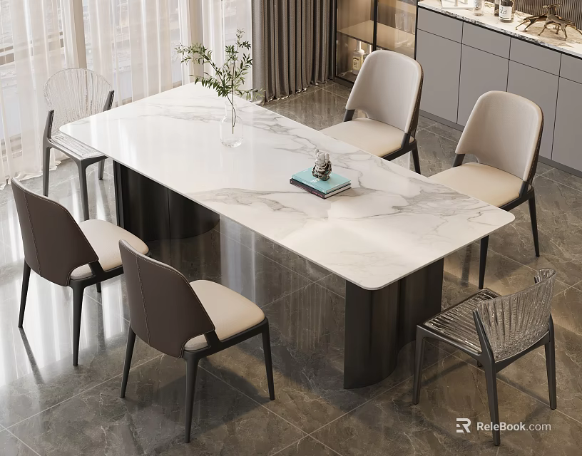 Modern Dining Table Set With Marble Top Beige Chairs And Decorative Vase Books 3d model 