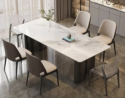 Modern Dining Table Set With Marble Top Beige Chairs And Decorative Vase Books 3d model