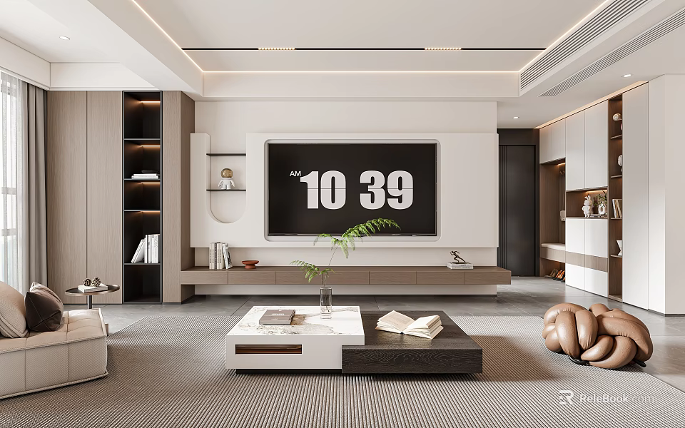 Modern Living Dining Room Interior With TV Wall Sofa Coffee Table And Bookshelf 3d model 