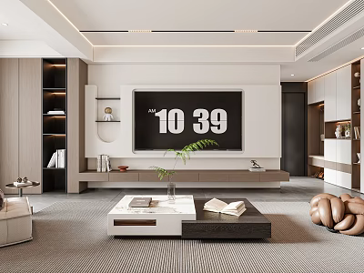 Modern Living Dining Room Interior With TV Wall Sofa Coffee Table And Bookshelf 3d model