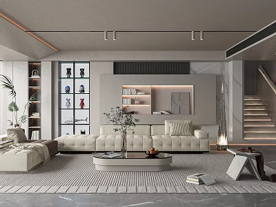 Modern Spacious Living Room Interior With White Sofa Round Coffee Table And Decorative Painting 3d model