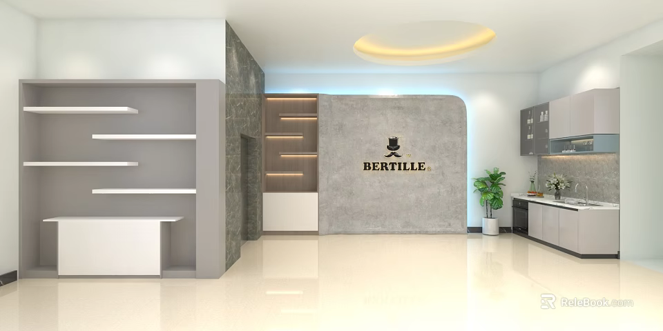 Modern Tea Room Interior With BERTILLE Logo Shelves Cabinets And Green Plant 3d model 