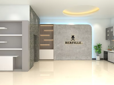 Modern Tea Room Interior With BERTILLE Logo Shelves Cabinets And Green Plant 3d model