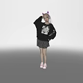 Woman with Pink Cat Ears Wearing Black Graphic Sweatshirt and Plaid Skirt in Black Background