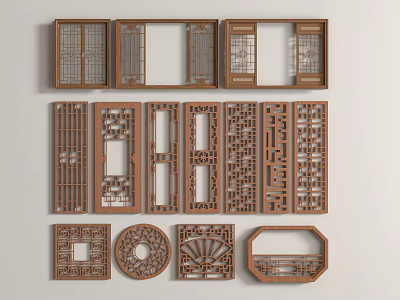 Traditional Chinese Wooden Lattice Windows With Diverse Patterns 3d model