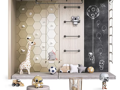 Kids Room With Hexagon Wall Chalkboard Art Stuffed Toys Hanging Rods And Playful Decor 3d model