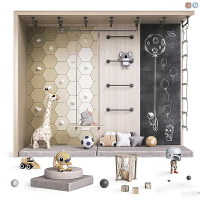 Kids Room With Hexagon Wall Chalkboard Art Stuffed Toys Hanging Rods And Playful Decor 3d model