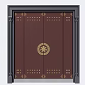 Dark Wooden Front Gate With Golden Circular Emblem Rivets And Black Frame