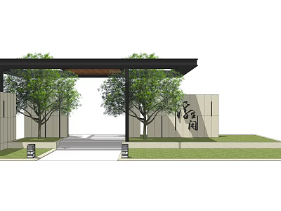 Modern Entrance Gate Design With Green Trees Stone Walls And Lawn Inscription 3d model