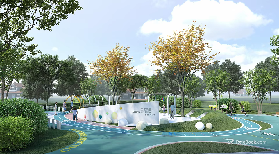 Children's Play Area With Colorful Track Trees Round Balls And Safe Play Equipment 3d model 