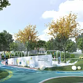 Children's Play Area With Colorful Track Trees Round Balls And Safe Play Equipment