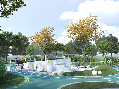 Children's Play Area With Colorful Track Trees Round Balls And Safe Play Equipment 3d model