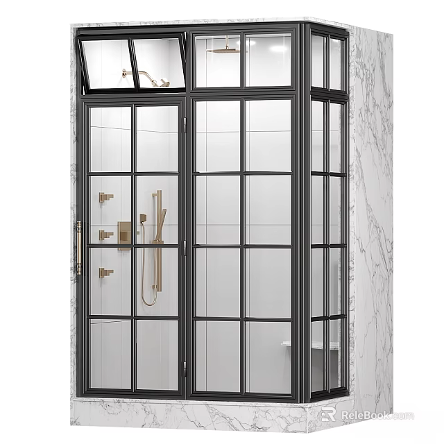 Modern Shower Sauna Enclosure With Black Frame Glass Door And White Tiled Walls 3d model 