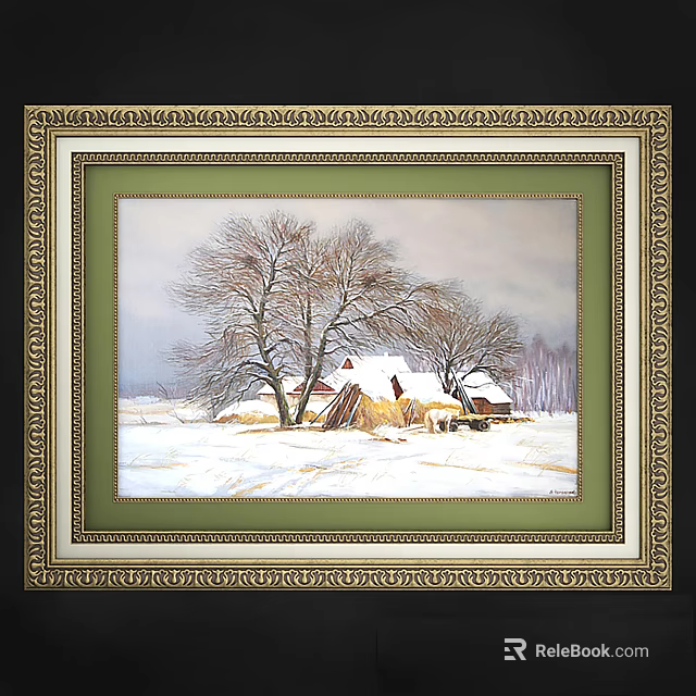 Abstract Painting with Golden Frame Showing Snowy Landscape Trees Haystacks and Small House 3d model 