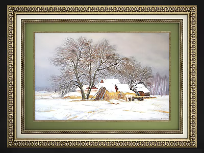 Abstract Painting with Golden Frame Showing Snowy Landscape Trees Haystacks and Small House 3d model