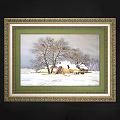 Abstract Painting with Golden Frame Showing Snowy Landscape Trees Haystacks and Small House
