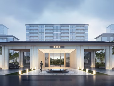 Modern Hotel Entrance Exterior Architecture With Central Fountain Walking Person And Lighting 3d model