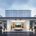 Modern Hotel Entrance Exterior Architecture With Central Fountain Walking Person And Lighting
