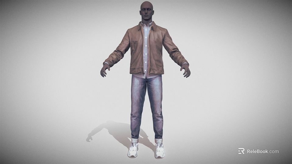 A Man Posing in Brown Leather Jacket Blue Jeans and White Sneakers on Gray Background 3d model 